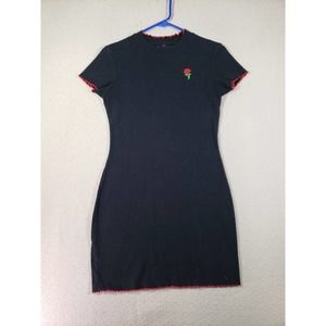A-LAB Dress Womens Black Large L Lexi‎ Rose Embroidered Ribbed Crew Short Sleeve